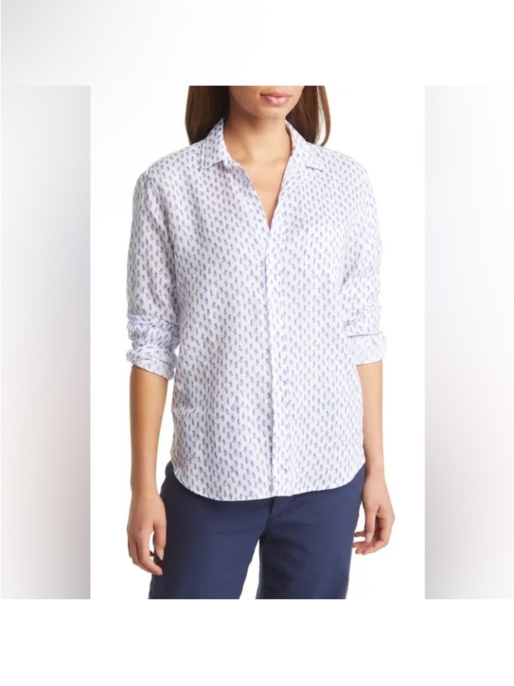 Frank and eileen white linen pineapple print Eileen button down shirt